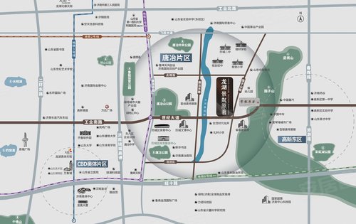 围子山脚下,西侧土河景观带,北侧历城二中稼轩中学,南侧1公里历城区