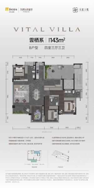 华润置地天宸上院B户型,华润置地天宸上院4室3厅3卫1厨约143.00平米户型图,朝南北朝向 - 成都安居客