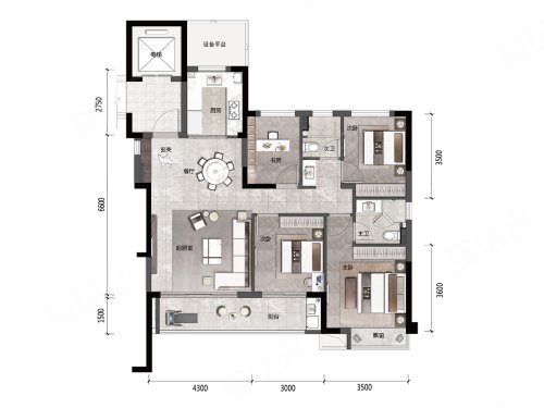 建发·缦云云璟118平户型，建发·缦云4室2厅2卫1厨约118.00平米户型图，朝南朝向 - 宁波安居客