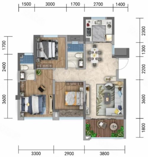 紫云府G户型，紫云府3室2厅2卫1厨约91.41平米户型图，朝南朝向 - 达州安居客