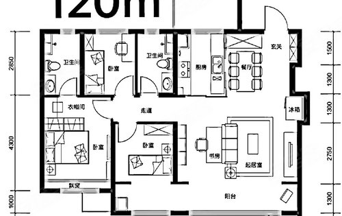 這是120米三室兩廳兩衛戶型,道外區網紅樓盤樓盤,幕光max寬廳設計