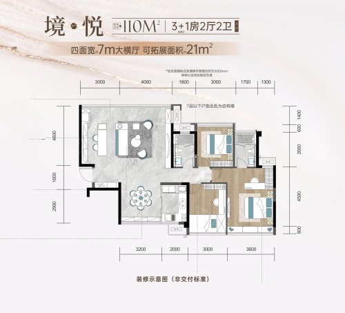 联发·嘉悦里境悦110户型(北厅),联发·嘉悦里4室2厅2卫1厨约110.00平米户型图,朝南朝向 - 柳州安居客