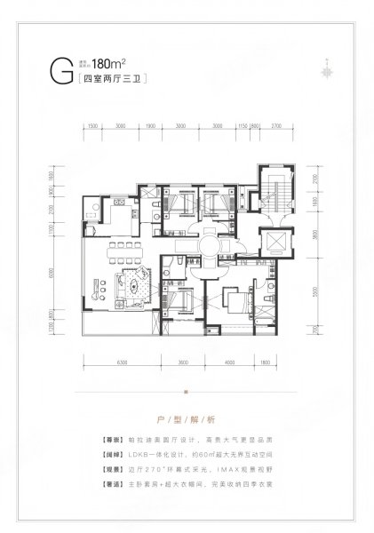 绿城·桂语听澜G户型，绿城·桂语听澜4室2厅3卫1厨约180.00平米户型图，朝南北朝向 - 定州安居客