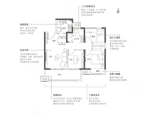 招商美景美境B户型，招商美景美境3室2厅1卫1厨约94.00平米户型图，朝南朝向 - 郑州安居客