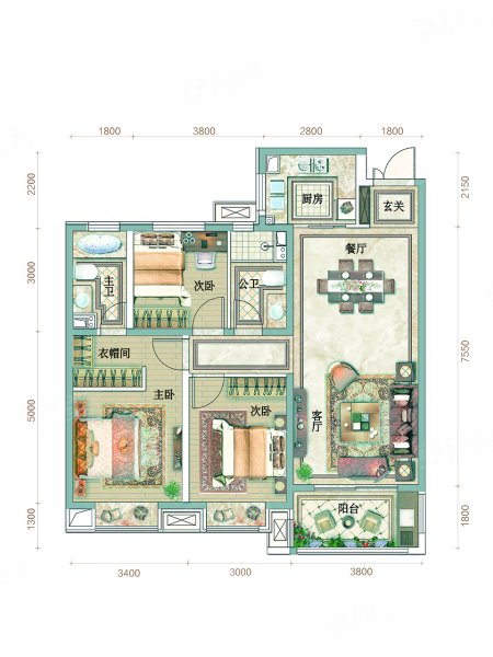 新城吾悦首府颂善堂户型,新城吾悦首府3室2厅2卫1厨约120.00平米户型图,朝南北朝向 - 太原安居客