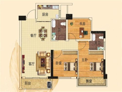 花畔里2# 04户型,花畔里3室2厅2卫0厨约84.46平米户型图,朝南朝向 - 南宁安居客