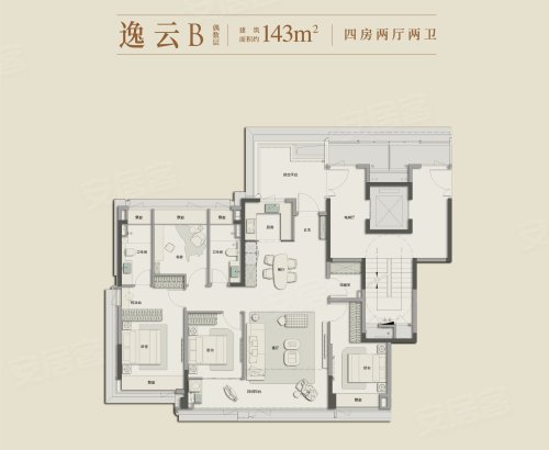 绿城云庐逸云B143偶数户型,绿城云庐4室2厅2卫1厨约143.00平米户型图,朝南朝向 - 南京安居客