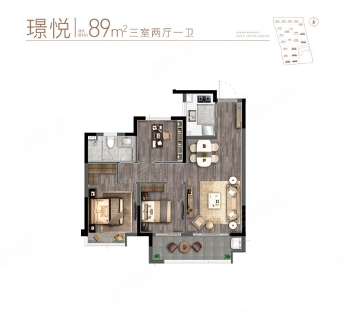 金悦学府B2户型，金悦学府3室2厅1卫1厨约89.00平米户型图，朝南朝向 - 上海安居客