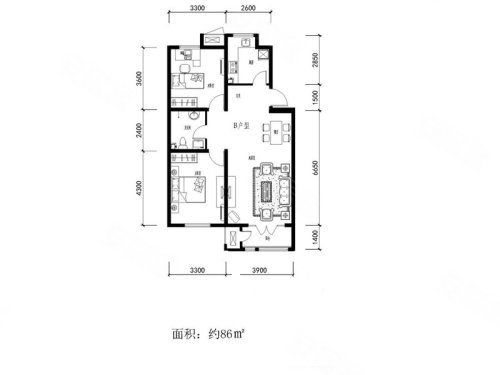 金都花园B户型，金都花园2室2厅1卫0厨约86.00平米户型图，朝南北朝向 - 天津安居客