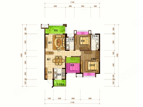 御金府A2户型，御金府3室2厅2卫0厨约116.00平米户型图，朝南北朝向 - 成都安居客
