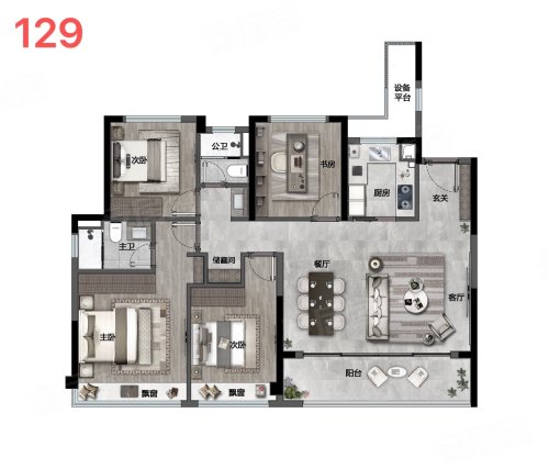 建发云启之江C1户型,建发云启之江4室2厅2卫1厨约129.00平米户型图,朝南北朝向 - 杭州安居客