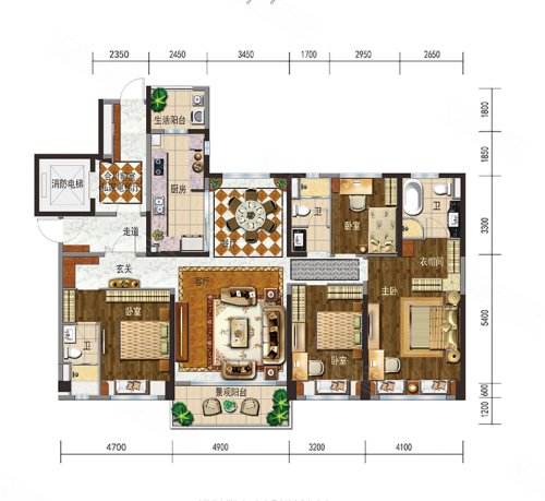 城投碧桂园中央公园YJ180户型，城投碧桂园中央公园4室2厅1卫3厨约192.00平米户型图，朝南朝向 - 济宁安居客