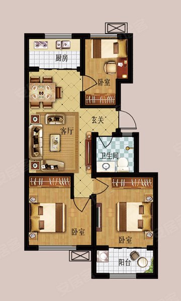 泰和家苑C户型，泰和家苑3室2厅1卫1厨约88.00平米户型图，朝南朝向 - 烟台安居客