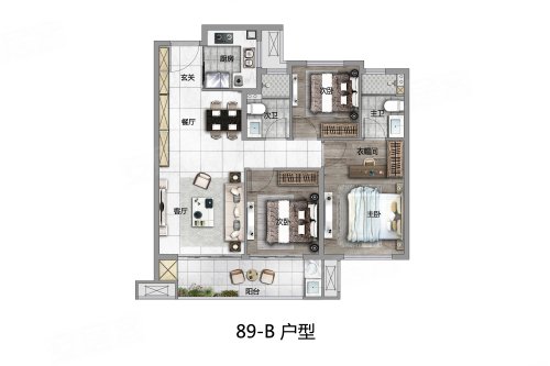 建发云境89户型,建发云境3室2厅2卫1厨约89.00平米户型图,朝南朝向 - 南平安居客