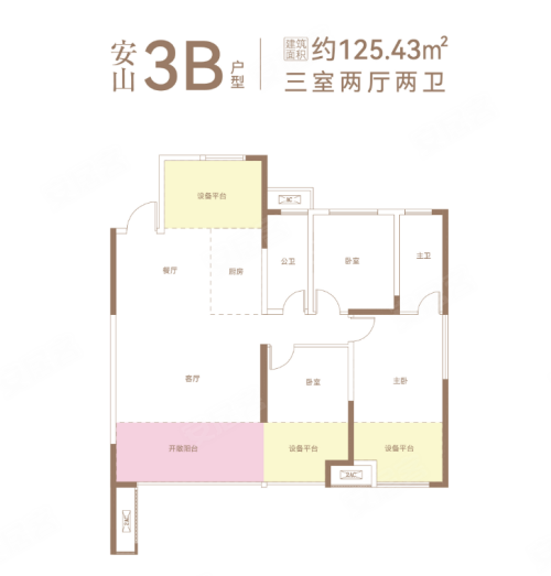 鲁明山河颂安山,鲁明山河颂3室2厅2卫0厨约125.43平米户型图,朝南朝向 - 漯河安居客