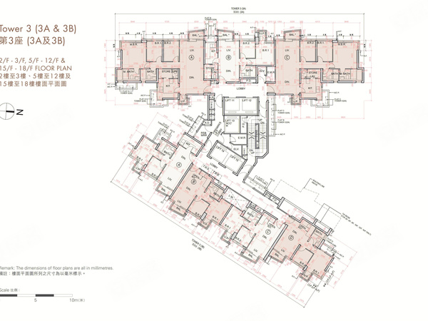 瑜一 第IB期第3座（3A及3B）
2樓至3樓、5樓至12樓及15樓至18樓樓面平面圖