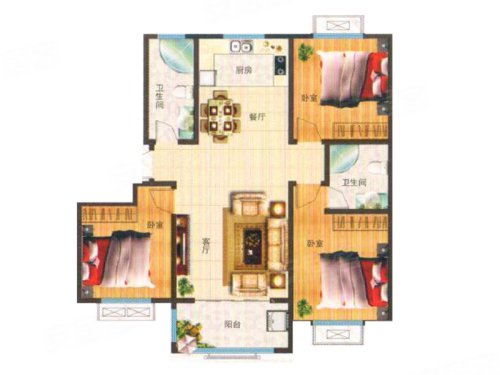 泰和名都124㎡户型,泰和名都3室2厅2卫1厨约124.00平米户型图,朝南北朝向 - 济南安居客