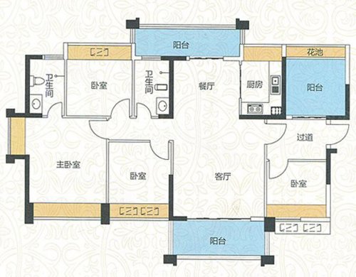 侨城水岸6-7栋B1户型,侨城水岸4室2厅2卫0厨约140.00平米户型图,朝南朝向 - 惠州安居客