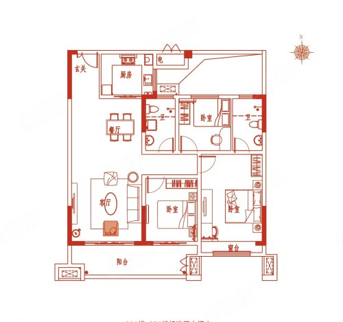 富驿·金科贵府鸿儒户型,富驿·金科贵府3室2厅2卫1厨约130.29平米户型图,朝南朝向 - 驻马店安居客