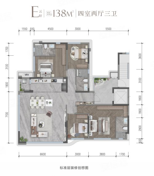 邦泰揽境E户型，邦泰揽境4室2厅3卫1厨约138.00平米户型图，朝东北朝向 - 德阳安居客