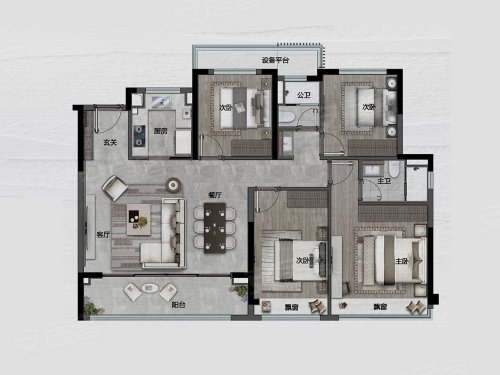建发云启之江I户型,建发云启之江4室2厅2卫1厨约129.00平米户型图,朝南朝向 - 杭州安居客