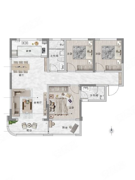 东城半岛·御玺C户型，东城半岛·御玺3室2厅2卫1厨约123.00平米户型图，朝南北朝向 - 郑州安居客