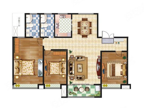 鸿泰花漾城8号楼A户型，鸿泰花漾城3室2厅2卫1厨约136.00平米户型图，朝南朝向 - 淄博安居客