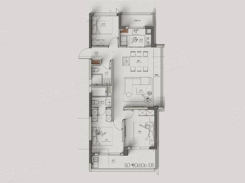 兴耀沐晴川108方A3户型,兴耀沐晴川3室2厅2卫1厨约108.00平米户型图,朝南朝向 - 杭州安居客
