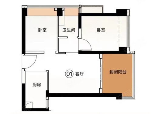 十字门华发商都|海悦A户型，十字门华发商都|海悦2室1厅1卫1厨约76.00平米户型图，朝东朝向 - 珠海安居客