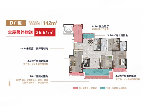 金麟府D户型,金麟府4室2厅2卫1厨约142.00平米户型图,朝南朝向 - 新乡安居客