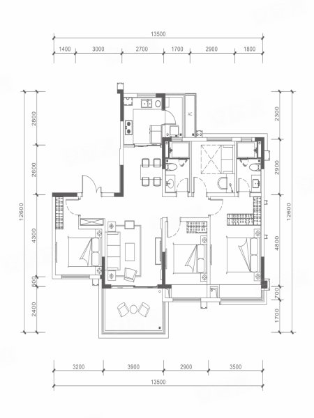 金科博翠湾A1户型,金科博翠湾4室2厅2卫1厨约133.01平米户型图,朝南朝向 - 成都安居客