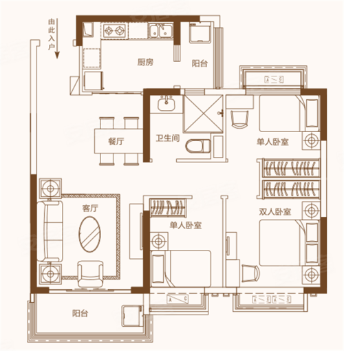 恒大悦龙台106户型,恒大悦龙台3室2厅1卫1厨约106.00平米户型图,朝南朝向 - 扬州安居客