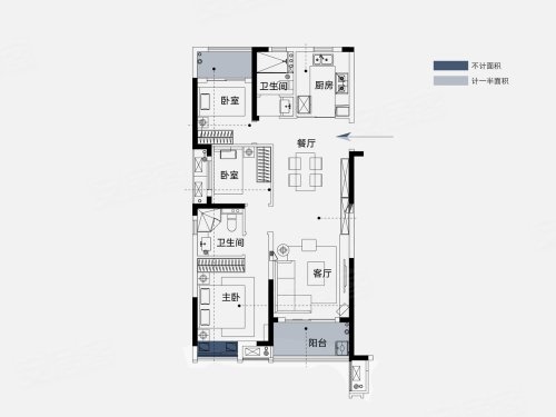 大华公园城市二期D户型,大华公园城市3室2厅2卫1厨约101.00平米户型图,朝南北朝向 - 武汉安居客