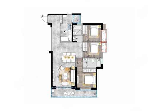 建投学府5栋E2户型，建投学府3室2厅2卫1厨约111.64平米户型图，朝南朝向 - 昆明安居客
