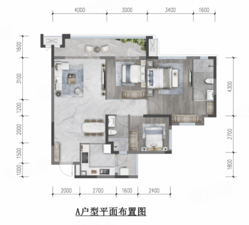 邦泰·江山和鸣A,邦泰·江山和鸣3室2厅2卫1厨约99.00平米户型图,朝东朝向 - 乐山安居客
