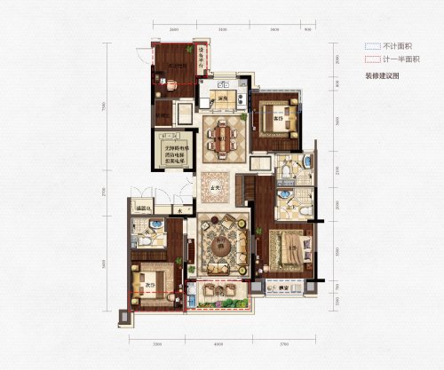 滨江锦绣之城E户型，滨江锦绣之城4室2厅3卫1厨约137.00平米户型图，朝南朝向 - 金华安居客