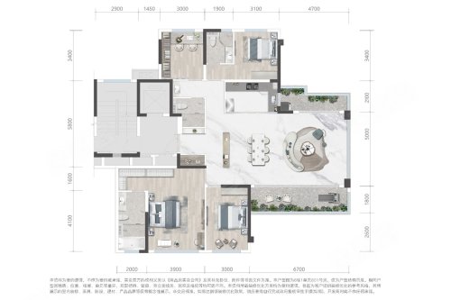 越秀天悦云萃173平户型,越秀天悦云萃4室2厅2卫1厨约173.00平米户型图,朝南朝向 - 成都安居客