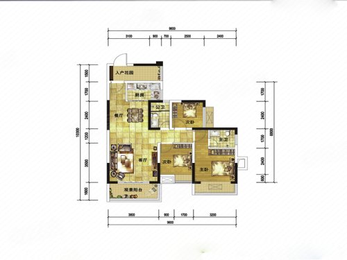 宏源新宇广场D户型，宏源新宇广场3室2厅2卫1厨约89.00平米户型图，朝南北朝向 - 玉林安居客