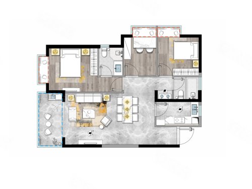 建投学府5栋E4户型,建投学府3室2厅2卫1厨约89.98平米户型图,朝南朝向 - 昆明安居客