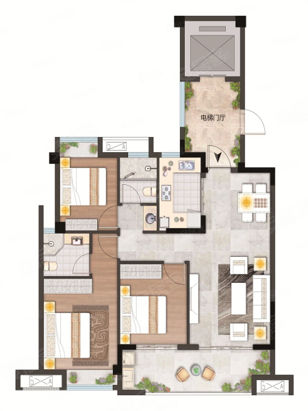 建总领筑107平B2，建总领筑3室2厅2卫1厨约107.00平米户型图，朝南朝向 - 福州安居客