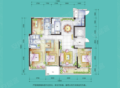 绿城明月双清户型13，绿城明月双清4室2厅2卫1厨约163.00平米户型图，朝南朝向 - 阜阳安居客