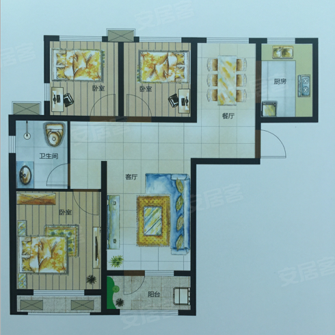 安联优悦城户型3,安联优悦城3室2厅1卫1厨约92.00平米户型图,朝南朝向 - 开封安居客
