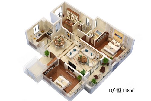 当代MOMΛ上品学府118㎡B户型，当代MOMΛ上品学府3室2厅2卫1厨约118.00平米户型图，朝南朝向 - 湖州安居客