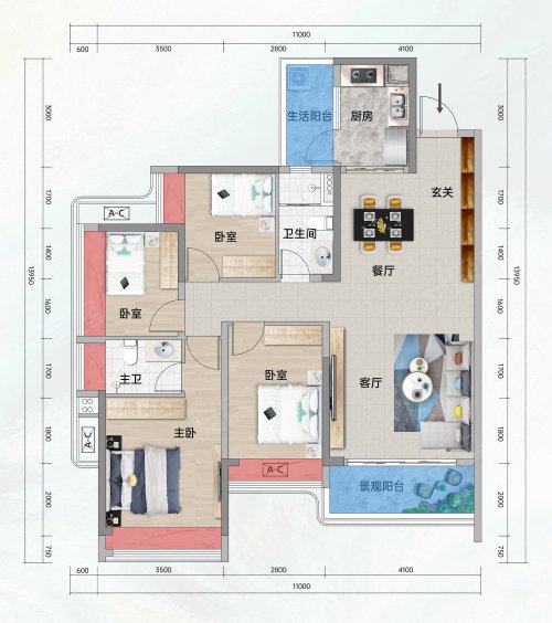 嘉燕-悦江府5栋04户型，嘉燕-悦江府4室2厅2卫1厨约123.33平米户型图，朝南朝向 - 茂名安居客