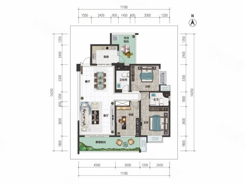 学府名苑A2户型，学府名苑3室2厅1卫1厨约134.83平米户型图，朝南北朝向 - 黔东南安居客