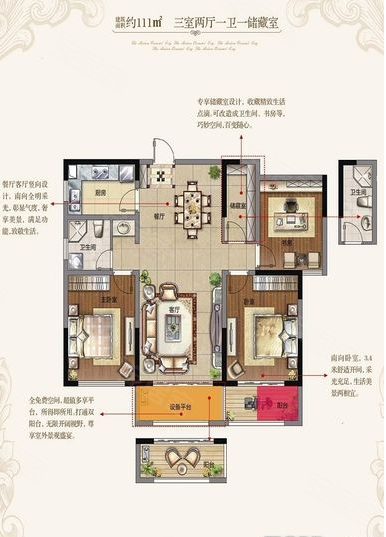东方现代城三室两厅一卫,东方现代城3室2厅1卫1厨约111.00平米户型图,朝南朝向 - 沭阳安居客