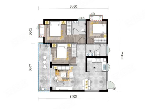 建投学府7栋G1户型，建投学府3室2厅2卫1厨约89.24平米户型图，朝南朝向 - 昆明安居客