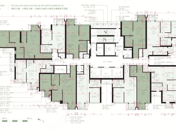 朗譽第1座
7樓至12樓·15樓至23樓·25樓至33樓及35樓至38樓樓面平面圖