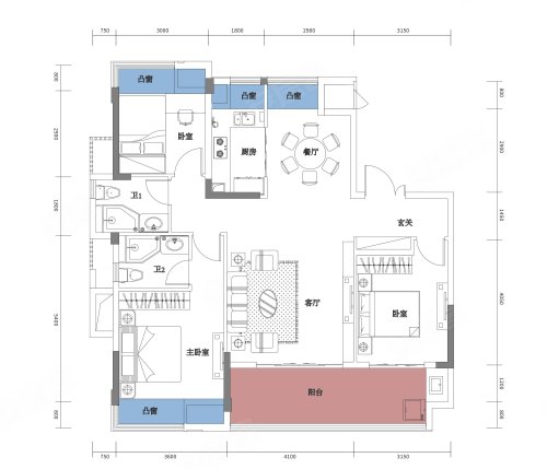 北城首府C户型，北城首府3室2厅2卫1厨约119.00平米户型图，朝南北朝向 - 南漳安居客