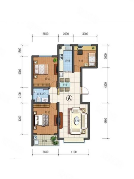 学府名都66#A户型，学府名都3室2厅1卫1厨约115.00平米户型图，朝南北朝向 - 运城安居客